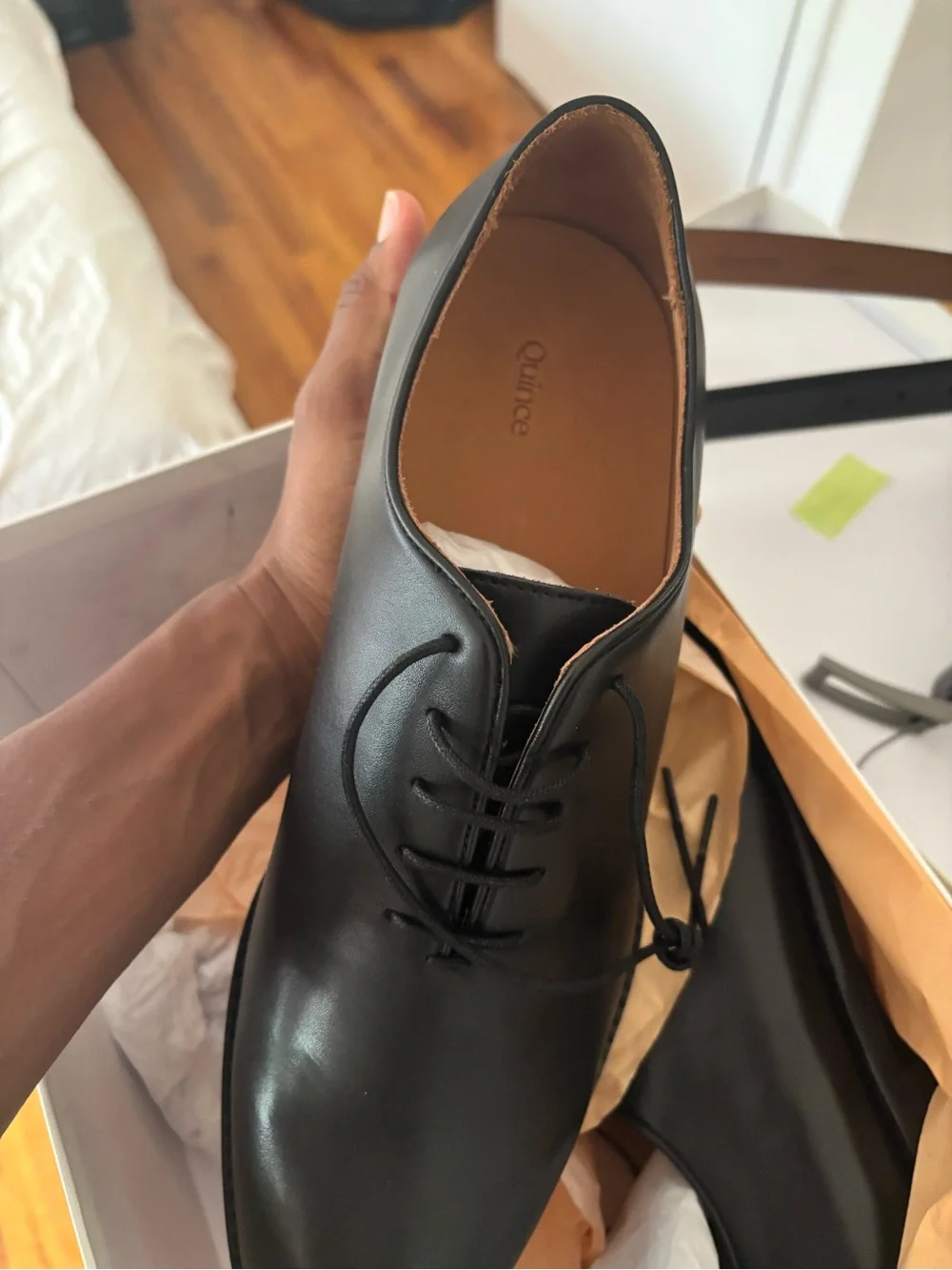 Quince Black Leather Derby Shoes with Tan Insole